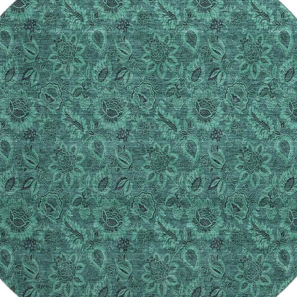 HomeRoots 8' Vibrant Teal & Charcoal Floral Washable Round Rug with UV Defense for High-Traffic Areas 655093