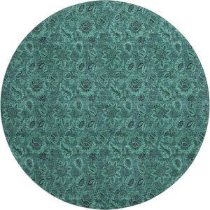 HomeRoots 8' Vibrant Teal & Charcoal Floral Washable Round Rug with UV Defense for High-Traffic Areas 655093