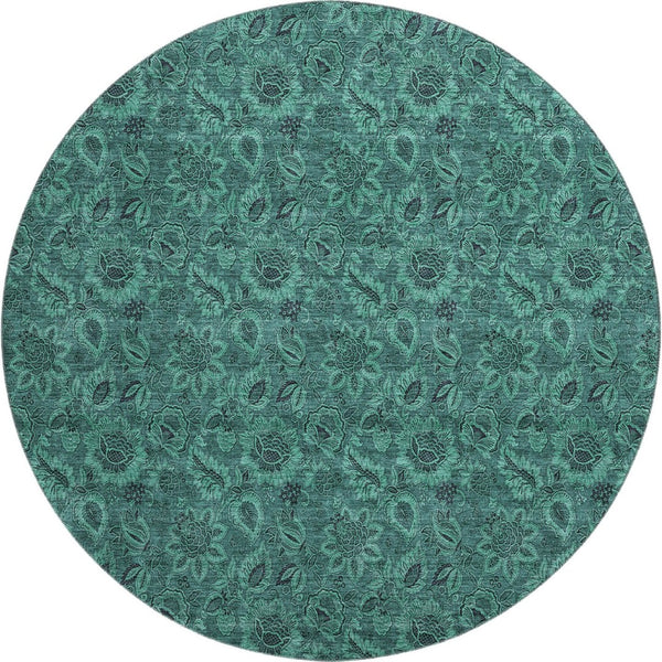 HomeRoots 8' Vibrant Teal & Charcoal Floral Washable Round Rug with UV Defense for High-Traffic Areas 655093