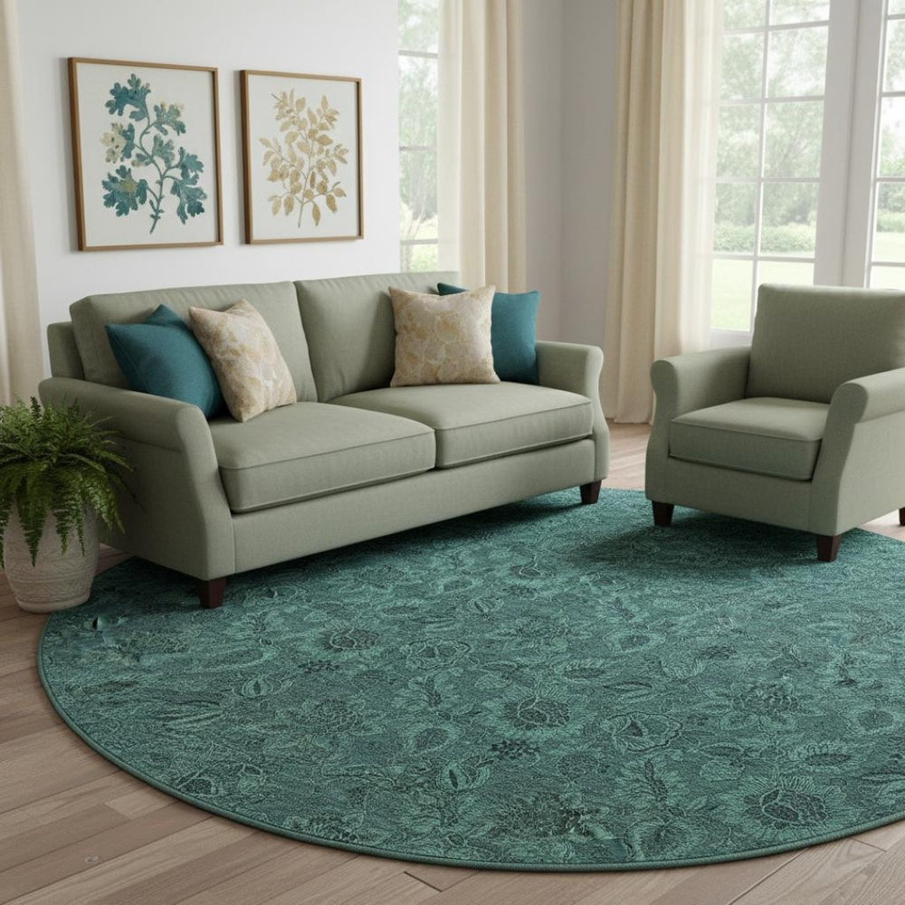 HomeRoots 8' Vibrant Teal & Charcoal Floral Washable Round Rug with UV Defense for High-Traffic Areas 655093