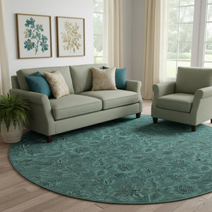 HomeRoots 8' Vibrant Teal & Charcoal Floral Washable Round Rug with UV Defense for High-Traffic Areas 655093