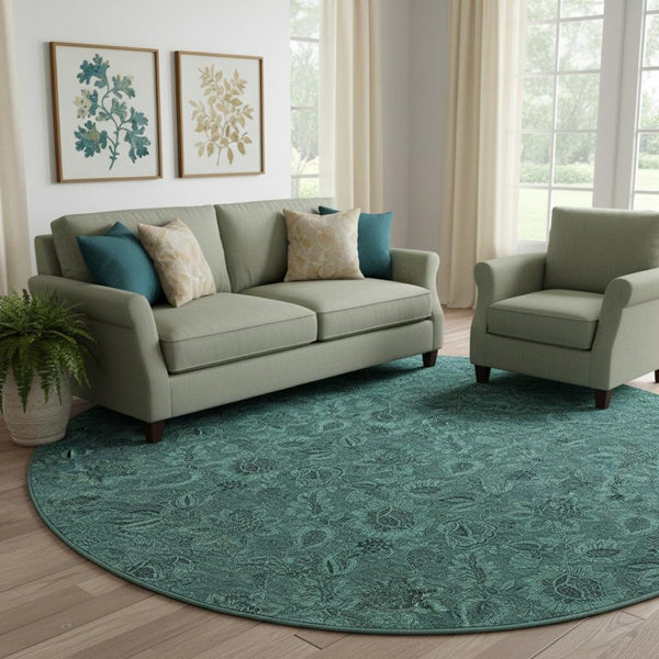HomeRoots 8' Vibrant Teal & Charcoal Floral Washable Round Rug with UV Defense for High-Traffic Areas 655093
