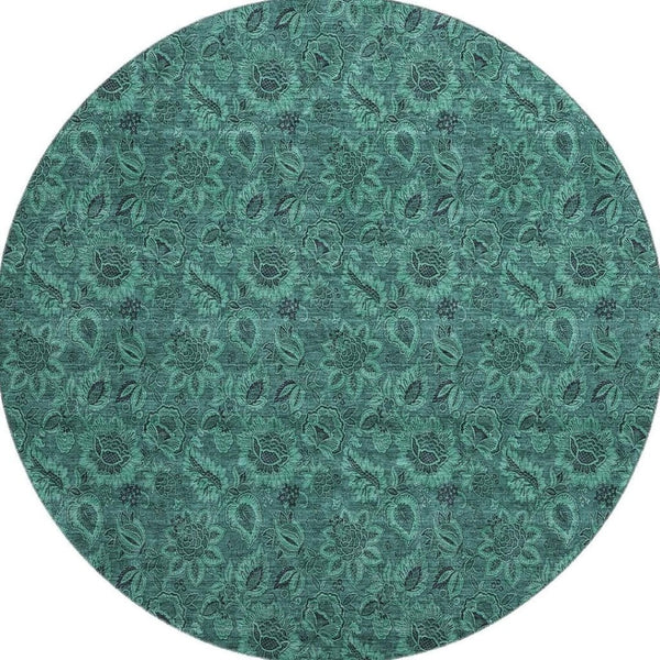 HomeRoots 8' Vibrant Teal & Charcoal Floral Washable Round Rug with UV Defense for High-Traffic Areas 655093