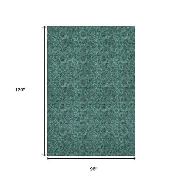 HomeRoots 8' X 10' Teal And Charcoal Floral Area Rug - Durable, Stain-Resistant, UV-Protected, Easy-Care Design 655094