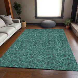 HomeRoots 8' X 10' Teal And Charcoal Floral Area Rug - Durable, Stain-Resistant, UV-Protected, Easy-Care Design 655094