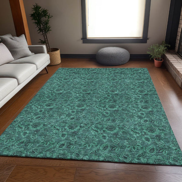 HomeRoots 8' X 10' Teal And Charcoal Floral Area Rug - Durable, Stain-Resistant, UV-Protected, Easy-Care Design 655094