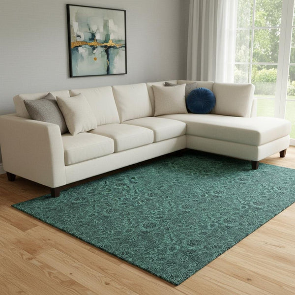 HomeRoots 8' X 10' Teal And Charcoal Floral Area Rug - Durable, Stain-Resistant, UV-Protected, Easy-Care Design 655094