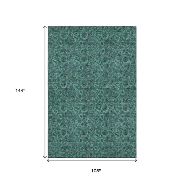 HomeRoots 9' X 12' Teal and Charcoal Floral Area Rug - Durable, Washable, UV-Protected for High-Traffic Homes 655095
