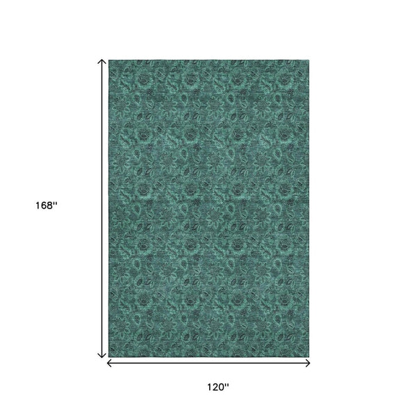 HomeRoots 10' X 14' Teal and Charcoal Floral Area Rug - Stain Resistant, UV Protected, Easy-Care for Homes 655096