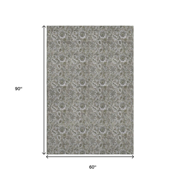 HomeRoots 5' X 8' Taupe and Beige Floral Area Rug - Washable, UV Protected, Perfect for Homes with Kids & Pets 655098