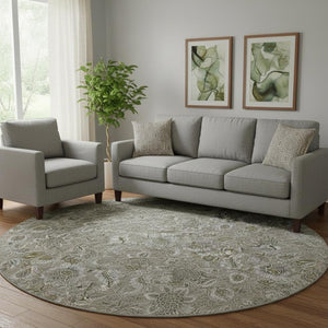 HomeRoots 8' Taupe and Beige Floral Round Rug - Washable, UV-Protected, Perfect for Indoor & Outdoor Spaces! 655099