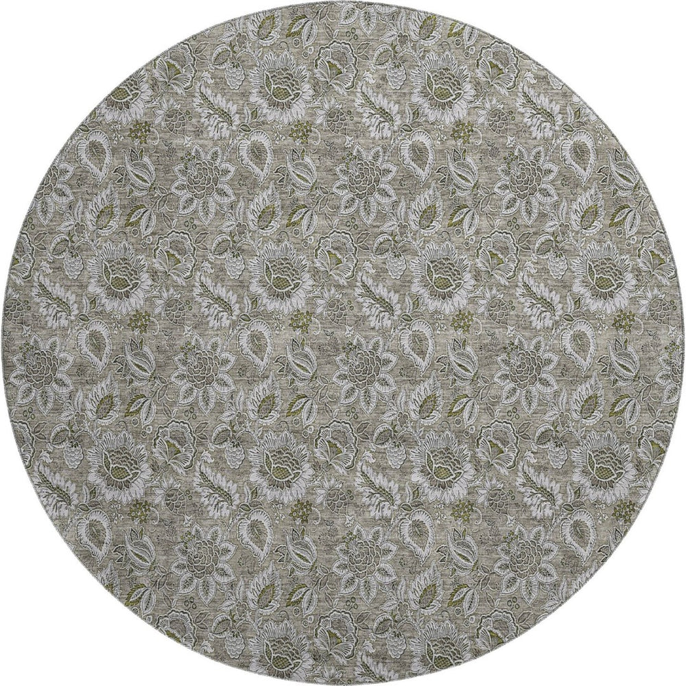HomeRoots 8' Taupe and Beige Floral Round Rug - Washable, UV-Protected, Perfect for Indoor & Outdoor Spaces! 655099