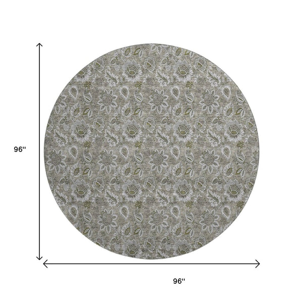 HomeRoots 8' Taupe and Beige Floral Round Rug - Washable, UV-Protected, Perfect for Indoor & Outdoor Spaces! 655099