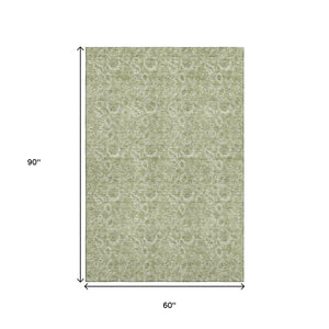HomeRoots 5' Artichoke Green & Silver Floral Area Rug – Washable, UV Protected, Kid & Pet Friendly Design 655104
