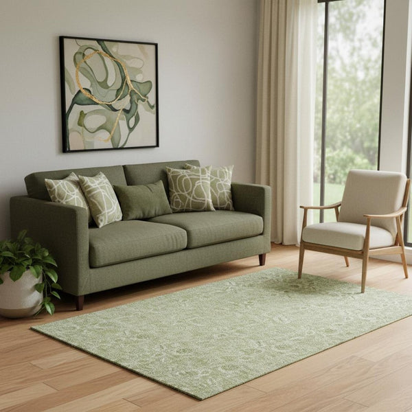 HomeRoots 5' Artichoke Green & Silver Floral Area Rug – Washable, UV Protected, Kid & Pet Friendly Design 655104