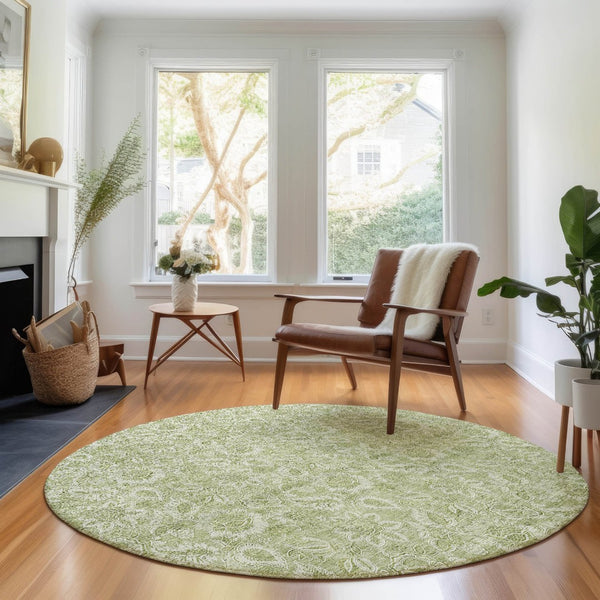 HomeRoots 8' Timeless Artichoke Green & Silver Floral Round Rug - Washable, UV-Protected, Family-Friendly Design 655105