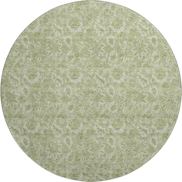 HomeRoots 8' Timeless Artichoke Green & Silver Floral Round Rug - Washable, UV-Protected, Family-Friendly Design 655105