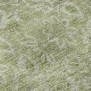 HomeRoots 8' Timeless Artichoke Green & Silver Floral Round Rug - Washable, UV-Protected, Family-Friendly Design 655105