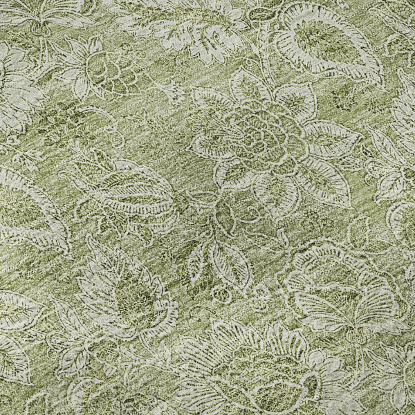 HomeRoots 8' Timeless Artichoke Green & Silver Floral Round Rug - Washable, UV-Protected, Family-Friendly Design 655105