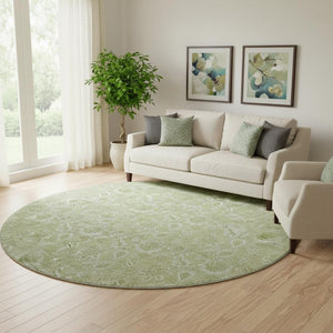HomeRoots 8' Timeless Artichoke Green & Silver Floral Round Rug - Washable, UV-Protected, Family-Friendly Design 655105