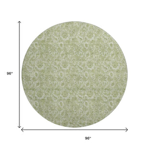 HomeRoots 8' Timeless Artichoke Green & Silver Floral Round Rug - Washable, UV-Protected, Family-Friendly Design 655105