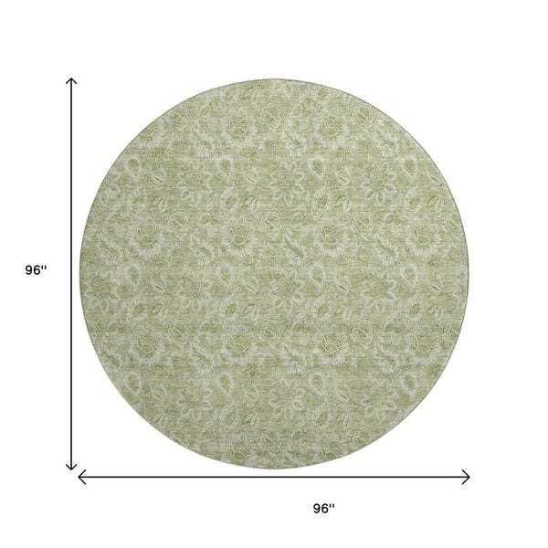 HomeRoots 8' Timeless Artichoke Green & Silver Floral Round Rug - Washable, UV-Protected, Family-Friendly Design 655105