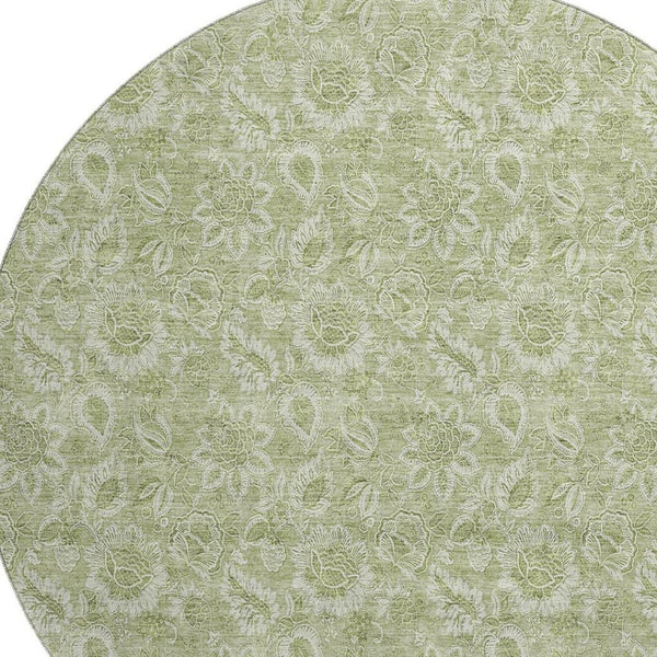 HomeRoots 8' Timeless Artichoke Green & Silver Floral Round Rug - Washable, UV-Protected, Family-Friendly Design 655105