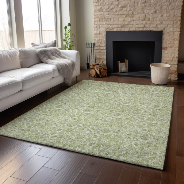 HomeRoots 8' X 10' Artichoke Green & Silver Floral Area Rug - Washable, UV Protected, Stain Resistant Design 655106