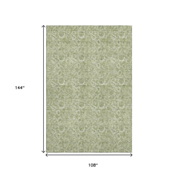 HomeRoots 9' X 12' Artichoke Green and Silver Floral Area Rug - Washable, UV Protected, and Stain Resistant Design 655107