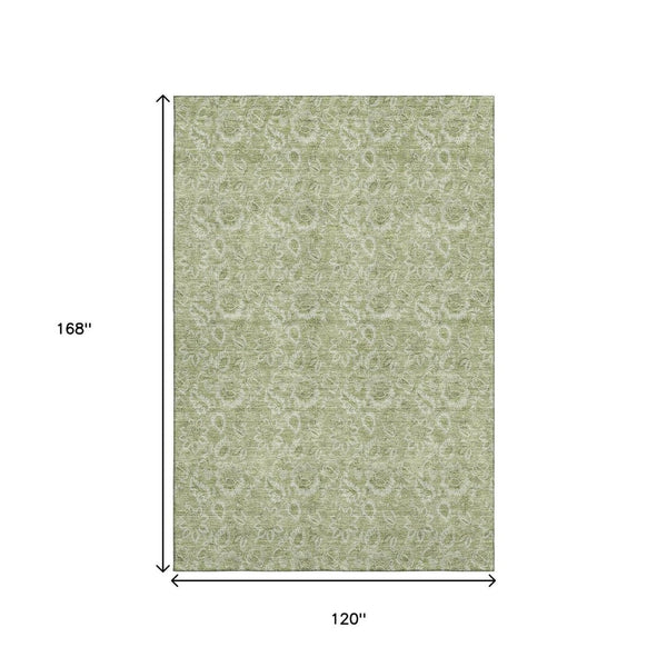HomeRoots 10' Artichoke Green & Silver Floral Washable Area Rug - UV Resistant, Durable, Soft for Living Spaces 655108