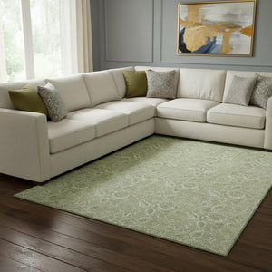 HomeRoots 10' Artichoke Green & Silver Floral Washable Area Rug - UV Resistant, Durable, Soft for Living Spaces 655108