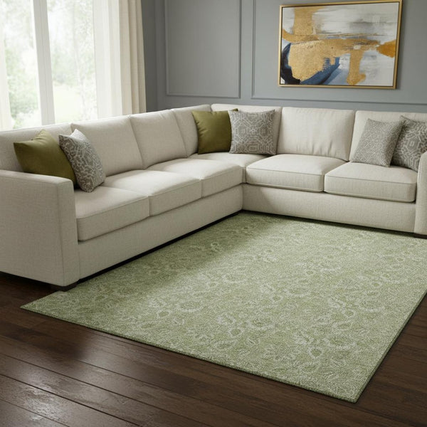 HomeRoots 10' Artichoke Green & Silver Floral Washable Area Rug - UV Resistant, Durable, Soft for Living Spaces 655108