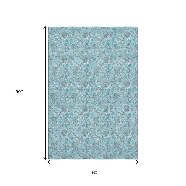 HomeRoots 5' Aqua and Silver Floral Area Rug - Washable, Stain Resistant, UV Protected for High-Traffic Spaces 655110