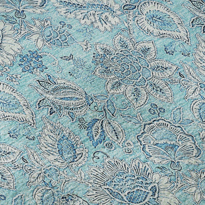 HomeRoots 5' Aqua and Silver Floral Area Rug - Washable, Stain Resistant, UV Protected for High-Traffic Spaces 655110