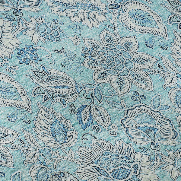 HomeRoots 5' Aqua and Silver Floral Area Rug - Washable, Stain Resistant, UV Protected for High-Traffic Spaces 655110