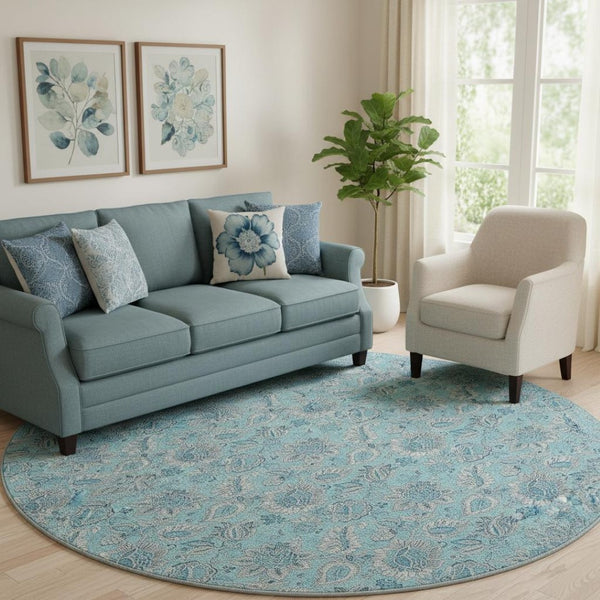 HomeRoots 8' Aqua and Silver Floral Round Rug - Washable, UV Resistant, Perfect for Homes with Kids and Pets! 655111