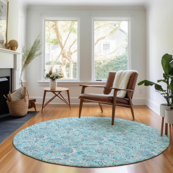 HomeRoots 8' Aqua and Silver Floral Round Rug - Washable, UV Resistant, Perfect for Homes with Kids and Pets! 655111