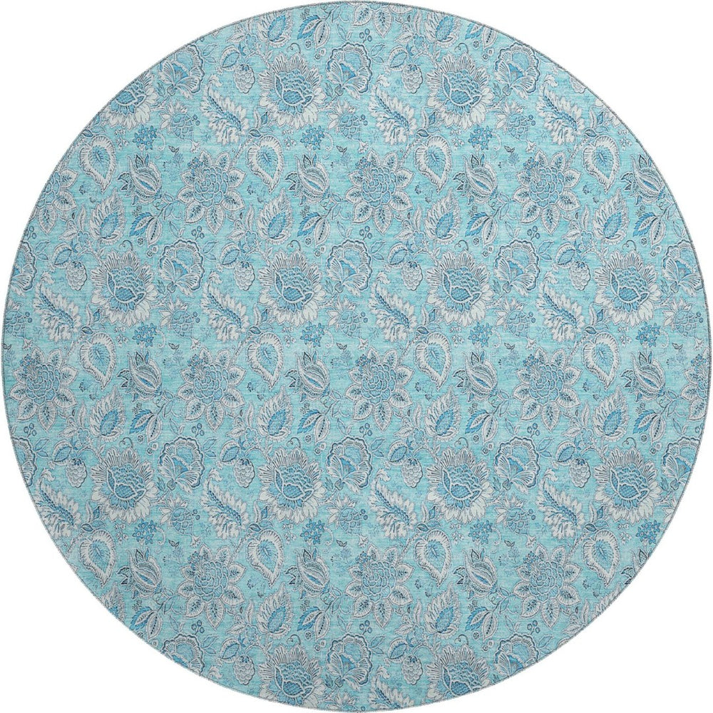 HomeRoots 8' Aqua and Silver Floral Round Rug - Washable, UV Resistant, Perfect for Homes with Kids and Pets! 655111