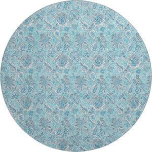 HomeRoots 8' Aqua and Silver Floral Round Rug - Washable, UV Resistant, Perfect for Homes with Kids and Pets! 655111