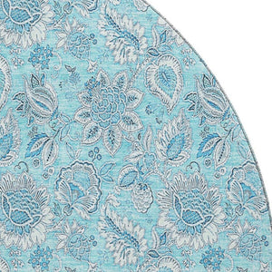 HomeRoots 8' Aqua and Silver Floral Round Rug - Washable, UV Resistant, Perfect for Homes with Kids and Pets! 655111