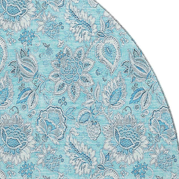 HomeRoots 8' Aqua and Silver Floral Round Rug - Washable, UV Resistant, Perfect for Homes with Kids and Pets! 655111