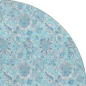 HomeRoots 8' Aqua and Silver Floral Round Rug - Washable, UV Resistant, Perfect for Homes with Kids and Pets! 655111