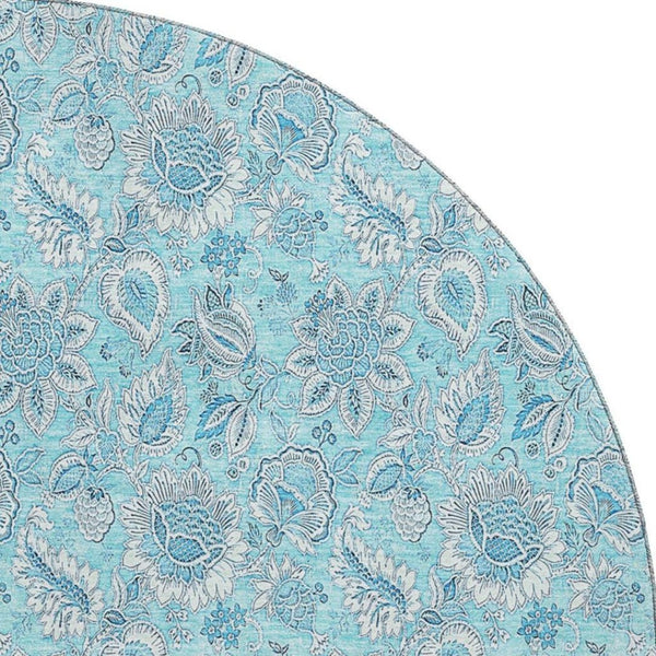 HomeRoots 8' Aqua and Silver Floral Round Rug - Washable, UV Resistant, Perfect for Homes with Kids and Pets! 655111