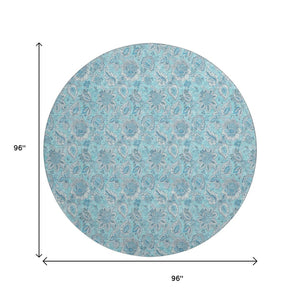 HomeRoots 8' Aqua and Silver Floral Round Rug - Washable, UV Resistant, Perfect for Homes with Kids and Pets! 655111