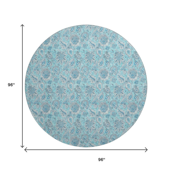 HomeRoots 8' Aqua and Silver Floral Round Rug - Washable, UV Resistant, Perfect for Homes with Kids and Pets! 655111