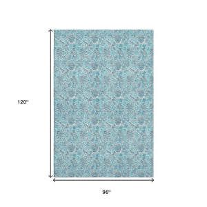 HomeRoots 8' X 10' Aqua & Silver Floral Area Rug - Washable, UV-Protected, Perfect for High-Traffic Spaces 655112