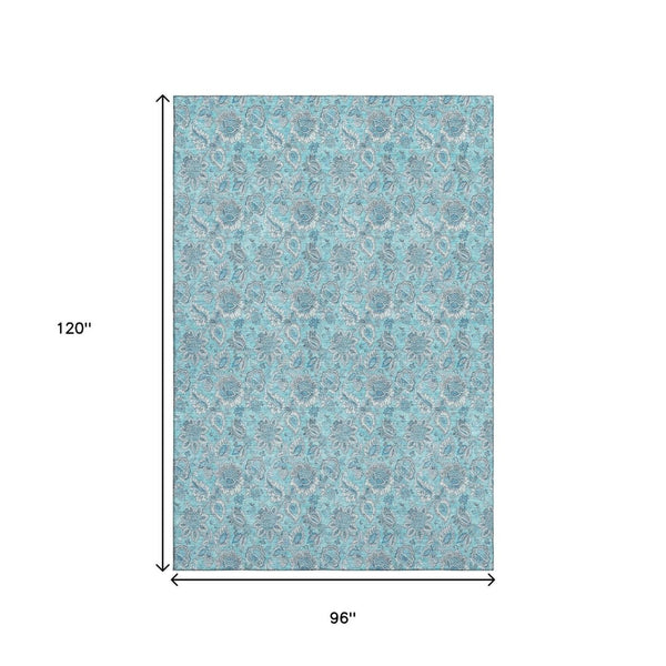 HomeRoots 8' X 10' Aqua & Silver Floral Area Rug - Washable, UV-Protected, Perfect for High-Traffic Spaces 655112