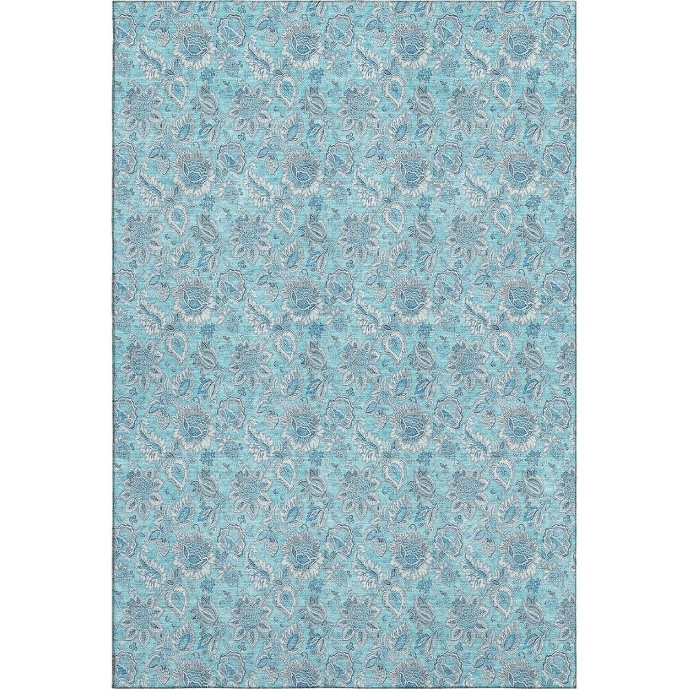 HomeRoots 8' X 10' Aqua & Silver Floral Area Rug - Washable, UV-Protected, Perfect for High-Traffic Spaces 655112