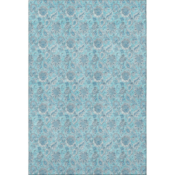 HomeRoots 8' X 10' Aqua & Silver Floral Area Rug - Washable, UV-Protected, Perfect for High-Traffic Spaces 655112
