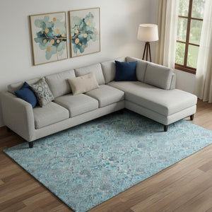 HomeRoots 9' X 12' Durable Aqua & Silver Floral Area Rug - UV Protected, Washable, Stain Resistant Design 655113